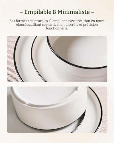 Richmount Service de vaisselle en porcelaine, set 18 pièces assiettes et bols pour 6 personnes, compatible micro-ondes et lave-vaisselle, Blanc avec contour noir – vue 3