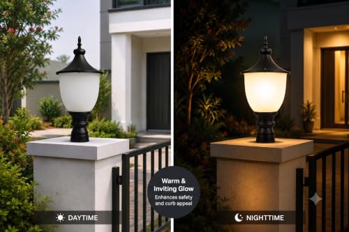 Image of SINOMAN Outdoor Gate Pillar Light | Metal & PVC Waterproof Post Lamp | Black Decorative Outdoor Garden Light for Boundary Wall, Entrance Gate, Balcony, Terrace & Villa(Without Bulb)