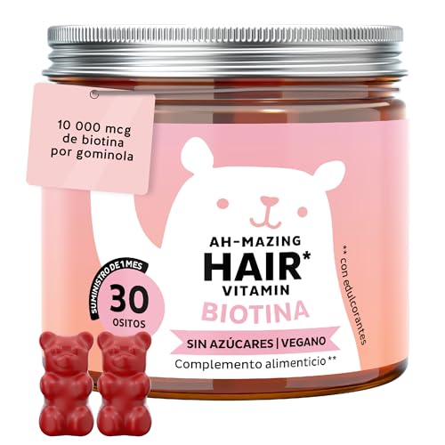 Gominolas Biotina Ah-mazing Hair Vitamin – Para el cabello, uñas y piel - 10.000 µg de Biotina, Zinc, Vitaminas B6, C, E e Yodo – 30 Unidades (1 mes), Vegana, Sin Azúcar, Bears with Benefits