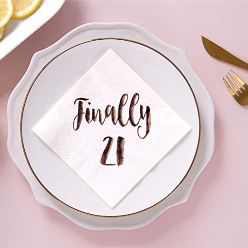 MAGJUCHE Finally 21 Cocktail Napkins, 50-Pack 3ply White Rose Gold 21st Birthday Dinner Celebration Party Decoration Napkin - Thumbnail 4