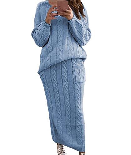 Image of Sexyshine Women's Cable Knit Long Skirt 2 Piece Outfit Chunky Oversized Pullover Sweater Top and Long Pencil Skirt Sets