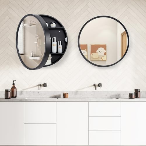 Armario de medicamentos redondo de 20 pulgadas con espejo - Montaje en pared | Espejo con estantes ocultos, marco de madera premium y diseño resistente a la humedad, almacenamiento ahorrador de espacio para baño (negro) miniatura 7