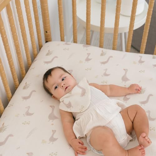 Image of Crane Baby Charlie Farmhouse Goose Crib Fitted Sheet, 100% Cotton Baby Bed Sheets, Farm Nursery Decor, Crib Sheets for Boys and Girls, Baby Registry Gift, Goose Nursery Decor
