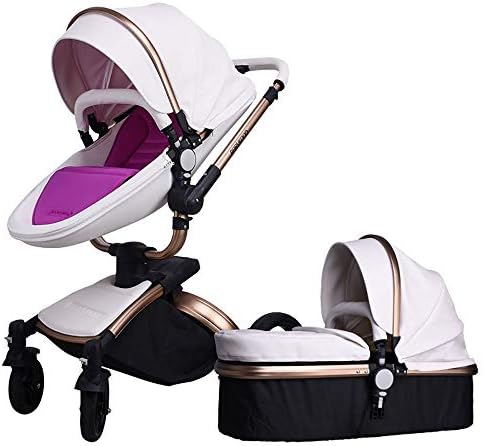 Baby Stroller,Babyfond-Travel Systems Folding Baby Carriage Pram Pushchair with Sleeping Basket,Lightweight Bassinet for Newborn Infant (Golden-White-Purple)