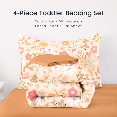 Image of Wake In Cloud - Floral Toddler Bedding Set for Girls, Cute Colorful Botanical Flowers with Deers, 4 Pieces Soft Crib Bed Set Including Comforter, Sheets and Pillowcase, Orange Brown