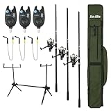 FISH-XPRO Komplettes 23-teiliges Karpfenset - 3 Karpfenruten - 3 Freilaufrollen inkl. Angelschnur - 3 Elektronische Bissanzeiger - 3 Swinger - 1 Rod Pod - 3 Heckstützen - 1 Reisetasche