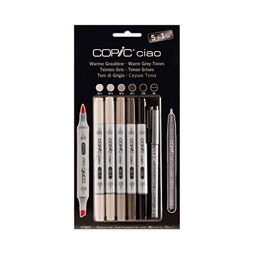 COPIC Ciao 5+1 Set «Warm Grey Tones», 5 rotuladores Dobles con Punta Mediana y Punta de Pincel, Incl. Multiliner Negro 0,3 mm