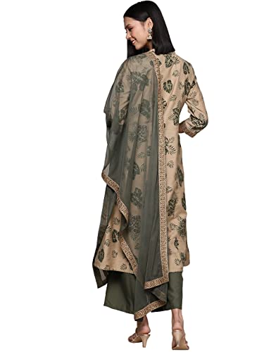 Image of ZIYAA Women's Beige Chanderi A-Line Kurta Palazzo and Dupatta Set