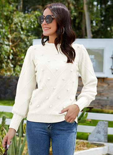 Hocosit Women's Lantern Sleeve Crewneck Pullover Sweater Elegant Knit Warm Jumper Top White Small #TOP1