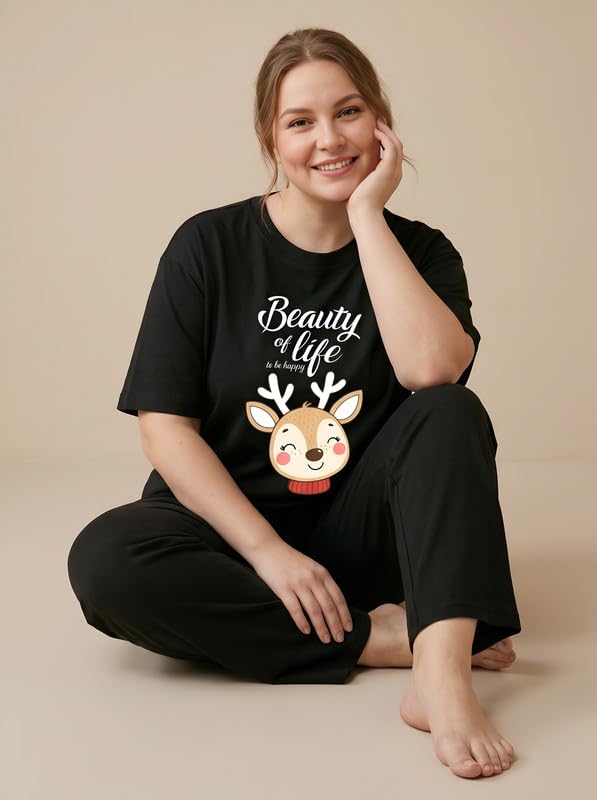 Image of My Swag Womens Cotton Printed Nightsuit Set |T-Shirt & Pajama Pants | Soft Breathable Sleepwear and Loungewear for Women