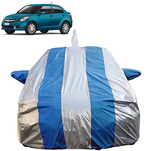 Image of Autofact Waterproof Car Body Cover Compatible with Maruti Swift Dzire (2012 to 2016) with Mirror and Antenna Pockets (Blue Stripes with Shinning Silver Fabric /Waterproof Cover)