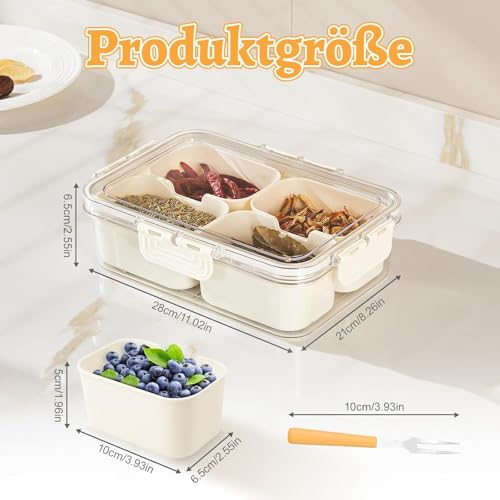 ROTKUSZ Snackbox mit Fächern Snackbox mit 4 Fächern Kunststoff Snackteller Nicht In Die Spülmaschine Geben BPA Frei Snackschale mit Deckel Abnehmbar Snack Organizer für Gewürze Keks Obst Nüsse