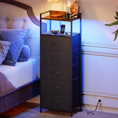Blacknightstand with Charging & LED Light, Tall Drawer Dresser for Bedroom & Dorm Room Closet