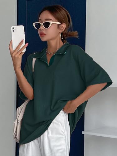 Image of Zilcon Womens Half Sleeve Oversized Tshirt for Woman Trendy Casual V Neck Summer Collared Preppy Tops Fashion Loose Fitted Western Tops for Women Stylish