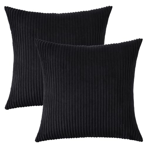 Image of Mecatny Corduroy Decorative Throw Pillow Covers 24x24 Set of 2 for Sofa Living Room, Soft Neutral Boho Couch Pillow Covers for Home Decor, Black