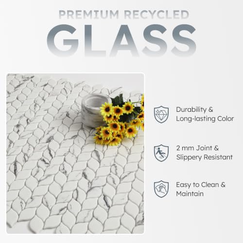 Mosaico de vidrio refinado aspecto mármol blanco en forma de hoja para ducha 7