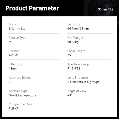 Image of Brightin Star 35mm Lens APS-C Large Aperture Portrait Lens Mirroless Camera (Black(for Fuji XF), 35mm F1.2)