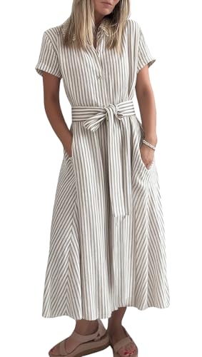 chouyatou Women's Summer Short Sleeve Striped Maxi Long Shirt Dress Boho Business Casual Cotton Dresses (Large, Khaki)