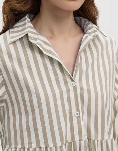 Image of EZAPINE Womens Babydoll Striped Shirt Midi Dress Puff Long Sleeve Collared Button Tunic Flowy Swing Dresses
