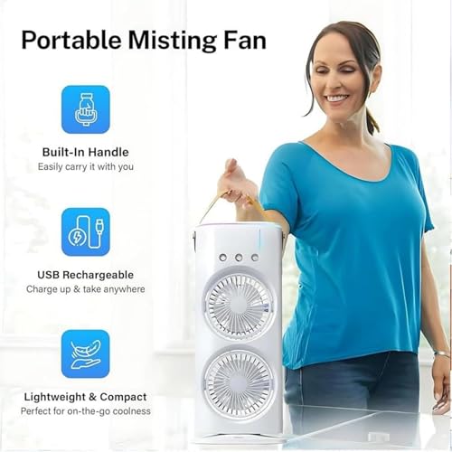 Image of Drumstone 𝟭𝟬 𝗬𝗲𝗮𝗿𝘀 𝗪𝗮𝗿𝗿𝗮𝗻𝘁𝘆 Ultra PRO USB Rechargeable Double-Ended Mist Fan Portable Desk & Travel Cooler Water Spray Humidifier Mini Table Fan for Office & Home Use 𝐖𝐡𝐢𝐭𝐞