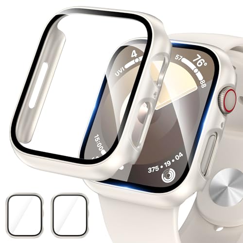 EWUONU 2 Pack Hard PC Case for Apple Watch Series 9 Series 8/7 41mm Screen Protector, Tempered Glass Film Bumper Anti-Scratch HD Ultra-Thin Protective Cover for iWatch Series 9/8/7 41mm, Starlight