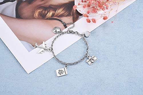 Travel Gifts Bracelet Passport Airplane Earth Heart Camera Charm Bracelets Stainless Steel Link Chain for Men Women Inspiration Jewelry for Travel Graduation Gift3