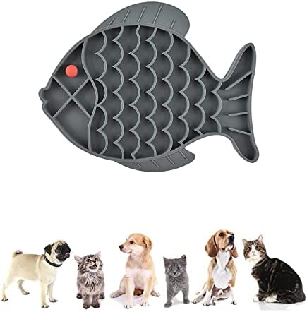 Cat Feeders Slow Feeder Cat Bowl Fish Shape Silicone Puzzle Feeder Kitten Bowl Fun Interactive Feeder Bowl Preventing Pet Feeder Anti-gulping Healthy Eating Diet Cat Bowls (Gray, Fish)