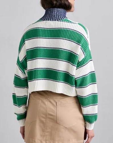 Image of EZAPINE Striped Sweater for Women Cropped Half Zip Stand Collar Casual Long Sleeve Color Block Pullover Tops Green
