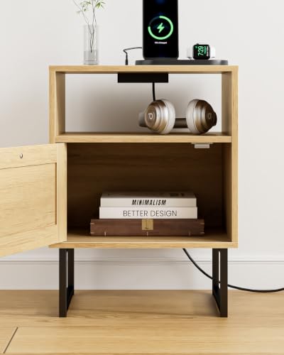 Image of Masupu Rattan Nightstand with Charging Station, Modern Boho Farmhouse Wood Bedside Table with Storage Drawer and Open Shelf, Side End Table for Bedroom, Office (Natural)
