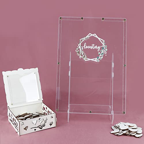 AerWo Acryl Hochzeit Gästebuch Alternative, Drop Top Rahmen Schild Buch mit 100 Holzherzen für Hochzeit Empfang Dekorationen Cover