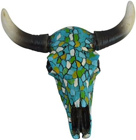 Pine Ridge Realistic Look Southwestern Magnetic Steer Skull with Turquoise Pebble Cross Centerpiece and Intricate Carvings - Wall Mount Hanging Longhorn Outdoor Decor