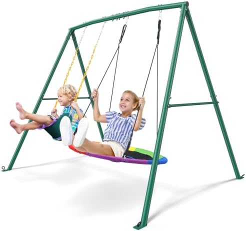 Trekassy 440lbs Swing Sets for Backyard, 2 Seat Saucer & Belt Swing – Green