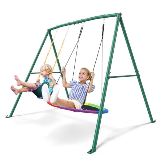 Trekassy 440lbs Capacity Swing Sets for Backyard - 2 Seat Outdoor Playset with Saucer & Belt Swing, Heavy-Duty A-Frame Metal Stand for Kids Family Fun (Patented)