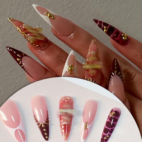 Extra Long Stiletto Press on Burgundy French Tip Fake Nails with Design 3D Drip Gel Glue on False Nails Pearl Charm Wine Red Acrylic Nails Artificial Full Cover Nail Art Stick for Women 24 Pcs — view 2