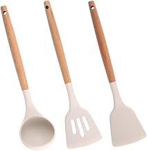 Silicone Spatula Set of 3 with Wooden Handle, Heat Resistant, Non-Stick, White, for Cooking on Non-Stick Pans (3, Cream)