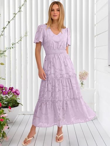 Caracilia Womens 2026 Spring Wedding Guest Maxi Dress Summer Boho Floral Short Sleeve V Neck Beach Vacation Tea Party Dresses Light Purple Large — view 5