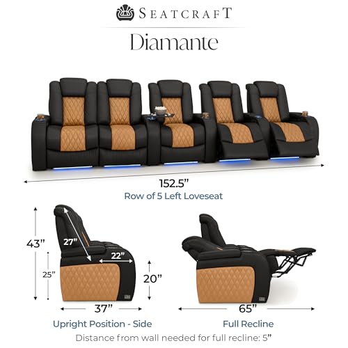 Image of Seatcraft Diamante Black /Tan Oak Italian Leather Home Theater Seating, Zero Gravity Power Recliner, Gaming and Home Office Chair, Powered Headrest Furniture for Cinema Room, Row of 5 Left Loveseats