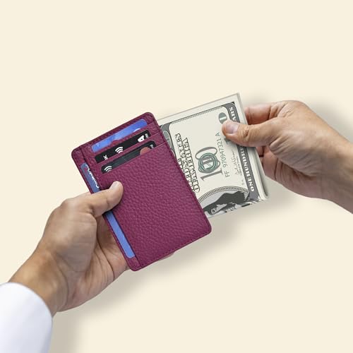 Image of Oak Leathers Leather Slim Minimalist Wallet for Men & Women RFID Front Pocket Leather Card Holder Wallets (Dark Pink)