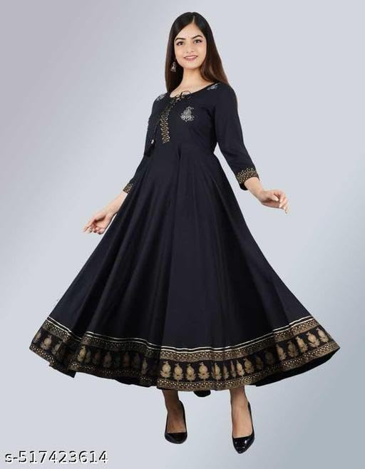 Image of Women's Printed Rayon Anarkali Kurti with 3 /4 Sleeves - Perfect for Festive, Party