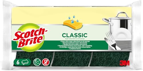 Scotch-Brite Estropajo Clásico de Cocina – Pack de 6 Esponjas Abrasivas con Alta Absorción – para Ollas, Sartenes y Limpieza Intensiva