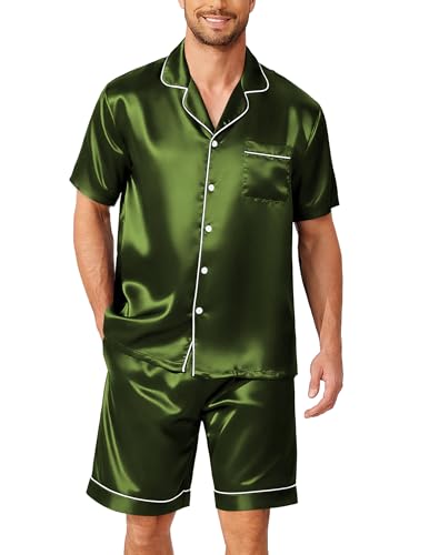 Ekouaer Mens Pajamas Set Silk Satin Sleepwear Short Sleeve Button Up Pjs