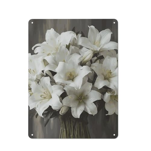 Peinture en métal bouquet de lys blanc BVNMT pour habiller un mur vide de cuisine ou de bar