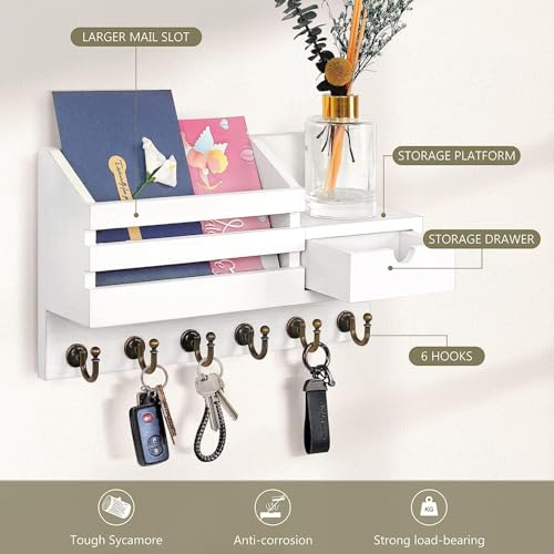 Image of Wooden Wall Mounted Key Holder with Hooks and Organizer Shelf Wall Rack for Letters Wallets and Accessories Home and Office Wall (White, Drawer Organizer)