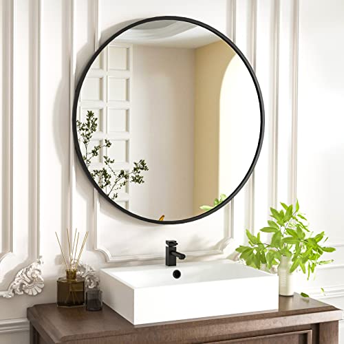 Image of HARRITPURE Round Mirror 23.6 inch Black Wall Mounted Circle Mirror with Aluminum Alloy Frame Modern Design for Bathroom, Living Room, Vanity, Bedroom, Entryway