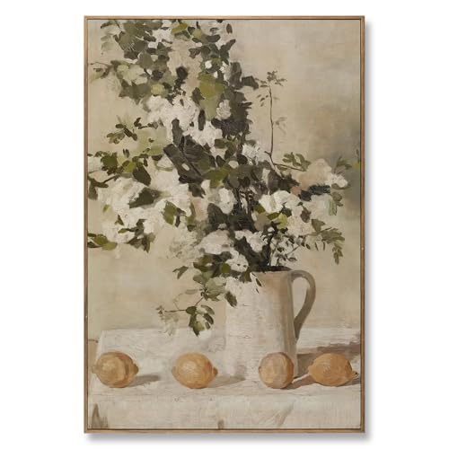 Natural Wood Framed Lemon Floral Canvas Wall Art, Retro Botanical Fruit Still Life Oil Painting, Neutral Farmhouse Rustic Aesthetic Wall Decor for Kitchen Dining Room Bathroom Living Room Home, 36”L x 24”W