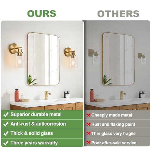 Image of Zarbitta Set of 2 Wall Sconces for Bathroom, Brushed Gold Modern Vanity Lights with Clear Glass Shade,Bathroom Wall Lamp for Mirror Kitchen Living Room Hallway Cabinet Porch