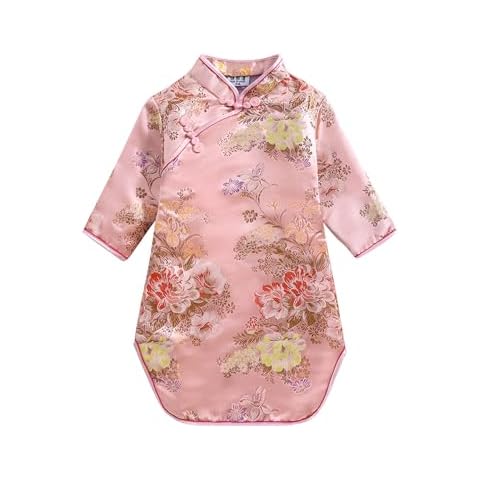 Girls Qipao Peony Long Sleeve Dress Chinese New Year Clothing Chinese Traditional Clothes for Kids Toddler 1-12Y(Pink,7-9 Years) Cover