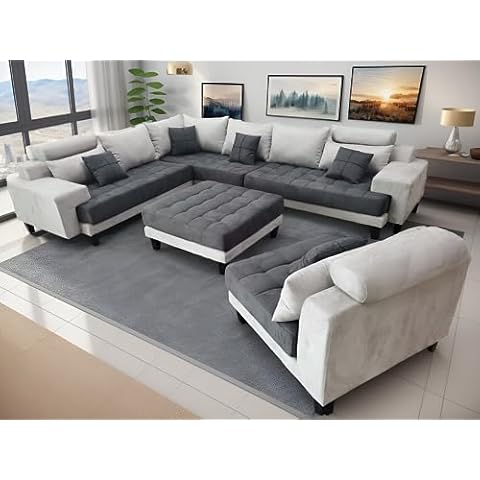 Stendmar L Shape U Shape Reversible Modern Microfiber Fabric Sectional Couch Sofa Set S150D (2 Tone Grey/Dark Grey) Cover