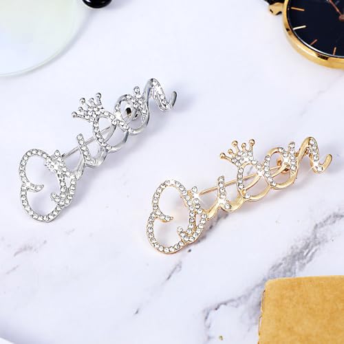 Image of 2 Pcs Queen Crown Brooch Pins for Women Girls Rhinestone Queen Brooches Pin Gold Silver Fahion Bling Crystal Lapel Pin Decorative Pins for Clothing Dress Bridal Wedding Party Birthday
