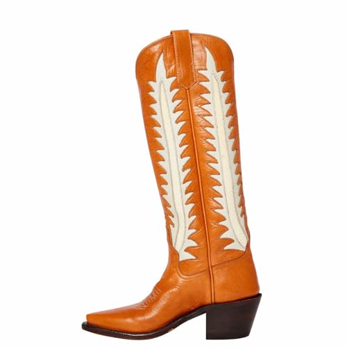 Embroidered Cowboy Boots for Women Almond Round Toe Chunky Heel Cowgirl Boots Pull On Knee High Boots with Foliage Inlay Boots